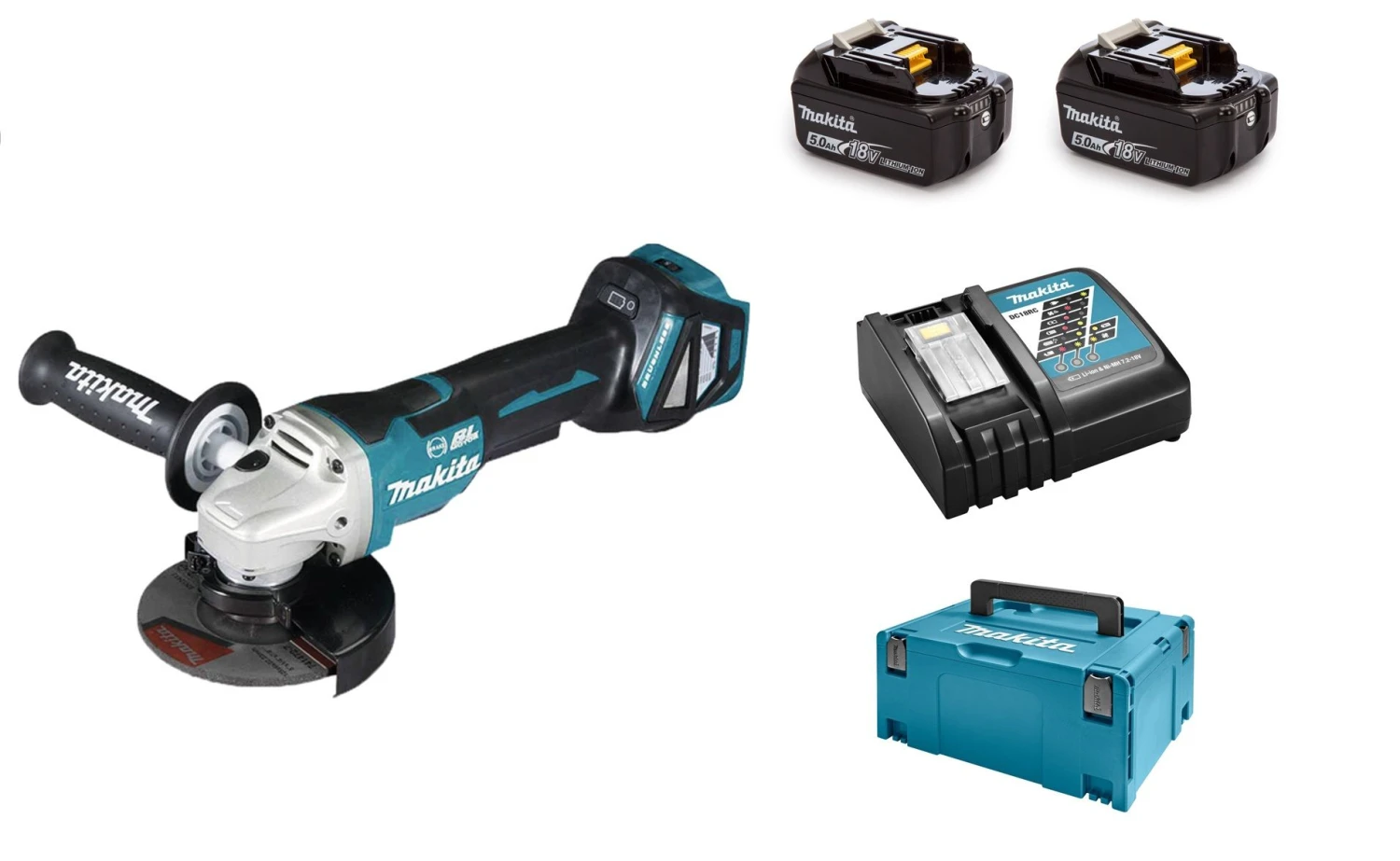 Makita DGA517RTJ 18V Li-Ion Accu Haakse Slijper Incl. ADT Set (2x 5.0Ah Accu) In Mbox - 125mm - Koolborstelloos 1 Makita DGA517RTJ 18V Li-Ion Accu Haakse Slijper Incl. ADT Set (2x 5.0Ah Accu) In Mbox - 125mm - Koolborstelloos